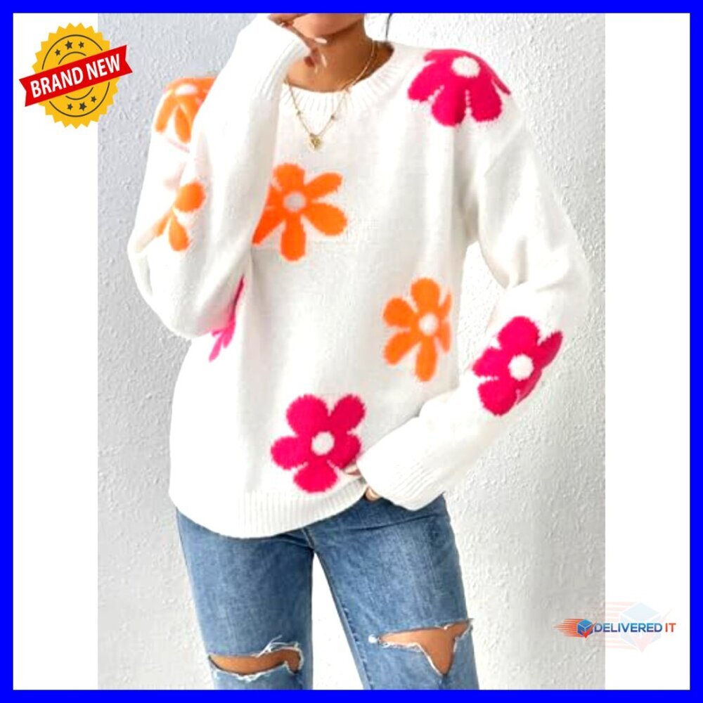 Oversized Floral Crewneck Sweater Vintage Y2K Pullover Long Sleeve - Picture 4 of 7